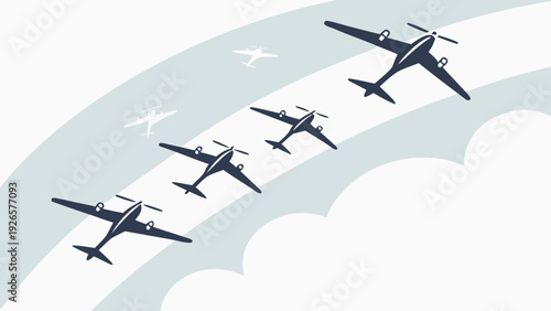 Aerial display featuring a squadron of biplanes flying in formation against a cloudy sky backdrop