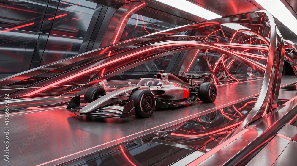 Fototapeta premium Silver formula race car in red illuminated high tech tunnel. Concept of cutting edge engineering promotion, speed campaign visual, and bold automotive branding material.