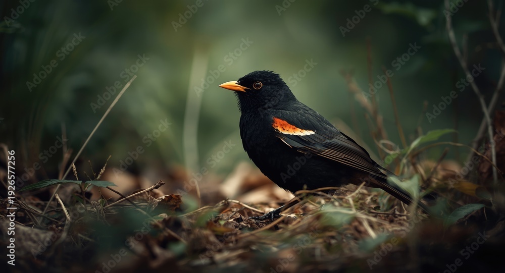 Fototapeta premium Blackbird with eye-catching red wings resting in a secluded woodland reserve