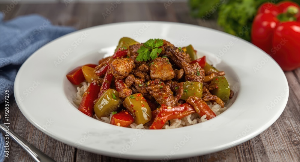 Fototapeta premium Home style stir fry featuring savory meat and bell peppers