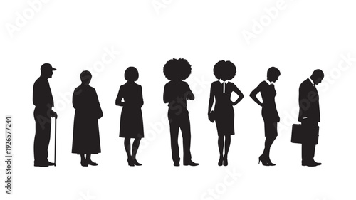 People silhouette group standing in a row, mixed ages and business attire, diverse poses including elder with cane and worker with briefcase, isolated on white