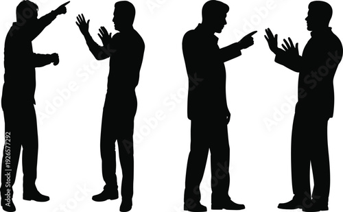 Silhouette of two pairs of men engaged in heated discussion, pointing and gesturing, representing conflict, disagreement, communication, and social interaction illustration