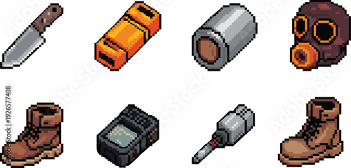 Pixel art survival items set, post apocalyptic equipment collection with knife, gas mask, boots and tactical gear