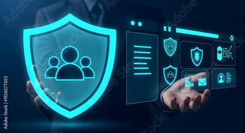 Cybersecurity concept with a businessman holding a glowing shield icon representing group data protection and privacy.