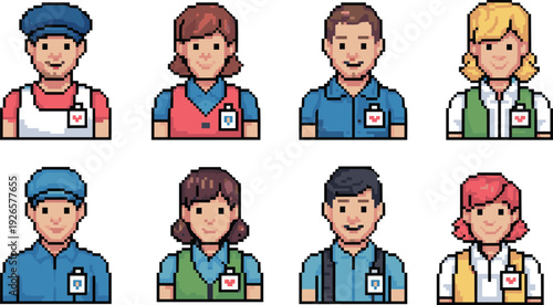 Pixel art hospital and service workers avatars set featuring nurse, doctor, pharmacist, delivery staff, retro 8 bit style