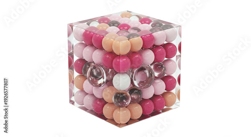 Cube filled with colorful spheres and glass orbs