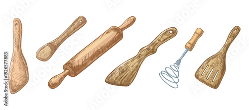 Hand drawn vintage sketch set of wooden kitchen utensils spatulas rolling pin whisk