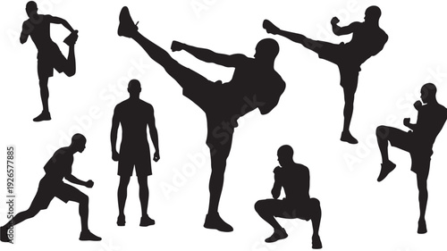Martial artists silhouette set with fighters posing in kicking and training stances, black sport people icons isolated on white for karate, taekwondo, MMA design