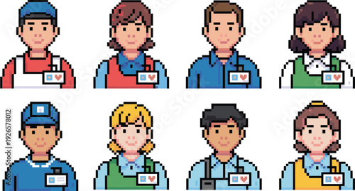 Pixel art professional workers avatars set featuring healthcare staff, delivery employee, service workers, retro 8 bit style