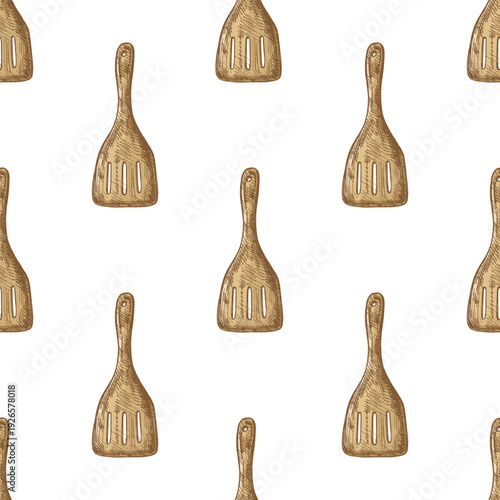 Hand drawn vintage seamless pattern of wooden slotted spatula kitchen utensil vector illustration