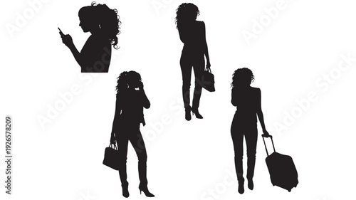 Women silhouette set with stylish female figures in heels holding handbag, talking on phone and pulling rolling suitcase, isolated black shapes on white background