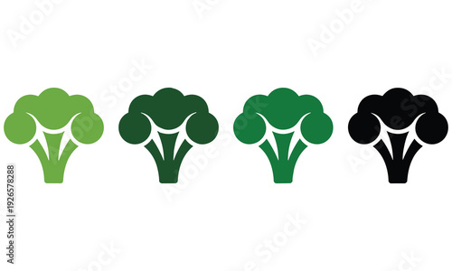 Vector graphic illustration of four broccoli icons in different shades of green and black on a white background showcasing various design options for healthy eating and nutrition concepts.