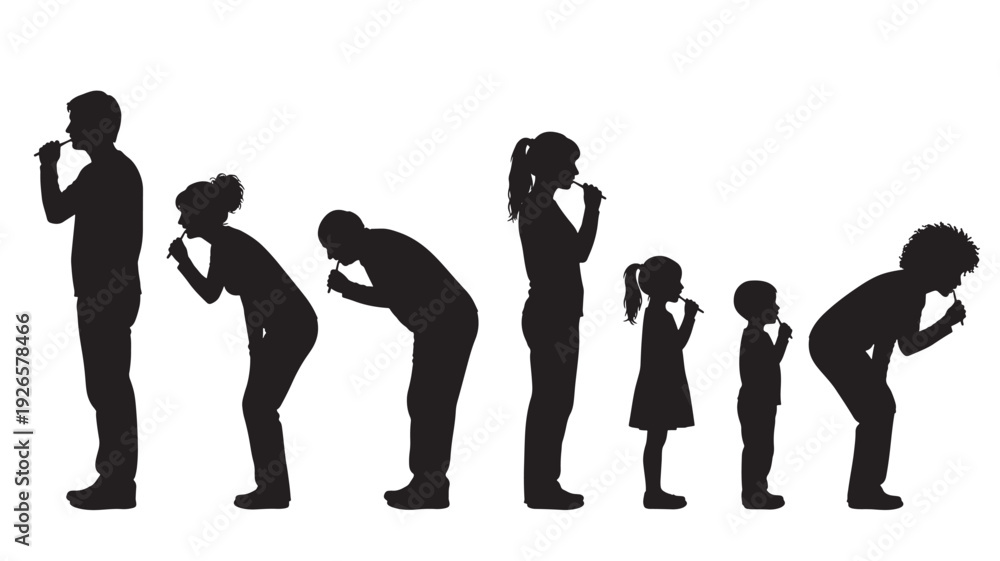 Obraz premium People set with various poses and ages brushing teeth together in silhouette featuring family, oral hygiene, dental care with black and white and health elements for hygiene, grooming projects, clean