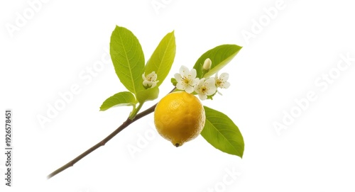 Wallpaper Mural Single lemon fruit with bright green leaves and blooming white flowers on a branch set against a pure white background Torontodigital.ca