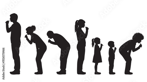 People set with various poses and ages brushing teeth together in silhouette featuring family, oral hygiene, dental care with black and white and health elements for hygiene, grooming projects, clean