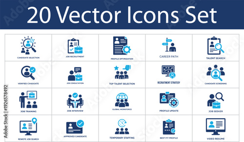 Recruitment and talent acquisition solid icons set. Collection of candidate selection, job recruitment, career path, talent search, interview process, approved candidate and video resume icons.
