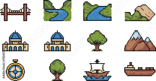 Pixel art world map icons set, landscape elements with rivers, mountains, buildings, trees, ships and compass navigation