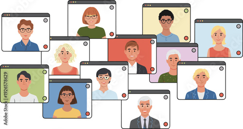 Diverse people video conference meeting, online team collaboration, virtual communication screens, remote work concept, digital community illustration artwork