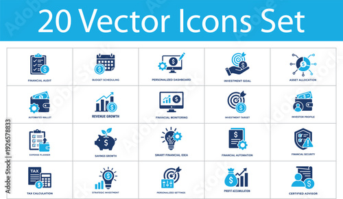 Financial management solid icons set. Collection of financial audit, budget scheduling, investment goal, asset allocation, revenue growth, tax calculation and profit accumulation icons.