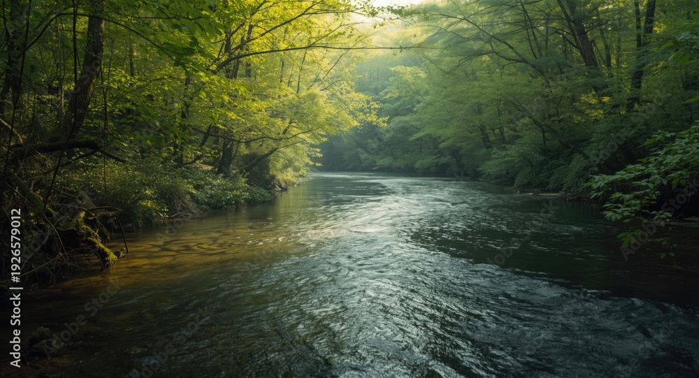 Fototapeta premium Gentle forest art portraying a twisting river surrounded by dense trees in a bright natural environment