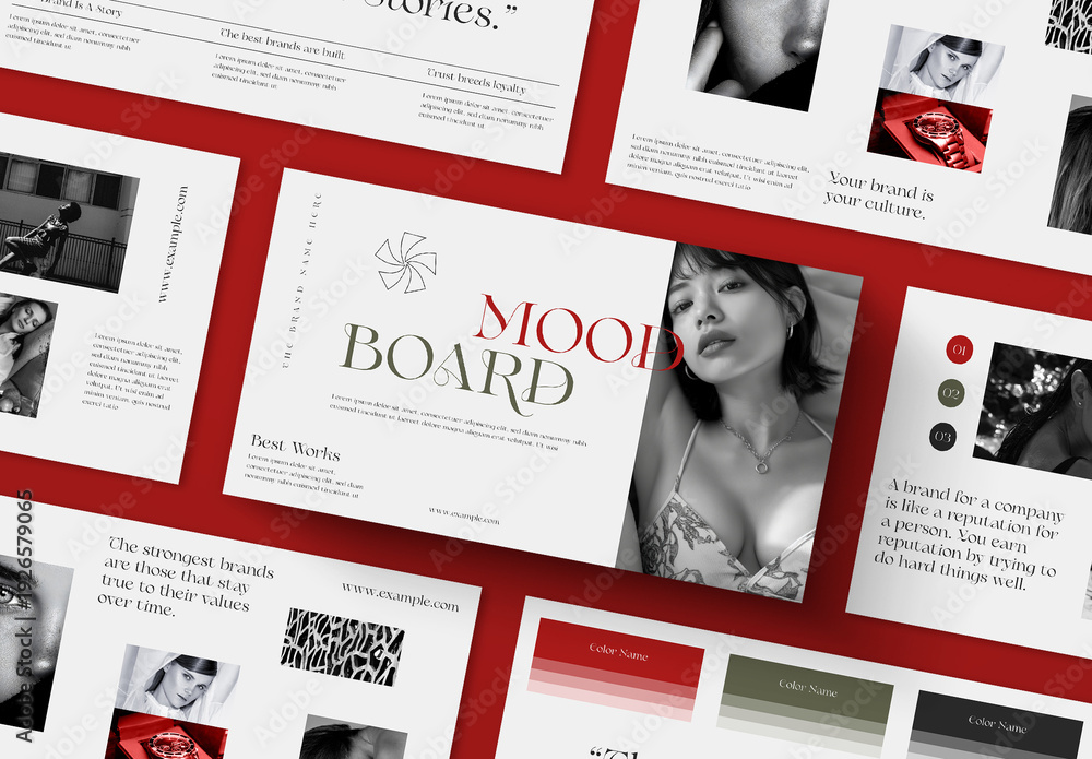 Mood Editorial Example Elegant Red Accent Brand Mood Board Editorial Template Stock Template ...