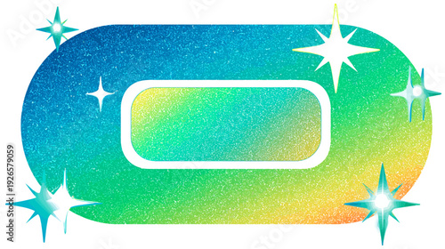 A vibrant, textured oval with internal rectangle, gradient color, and sparkling starbursts