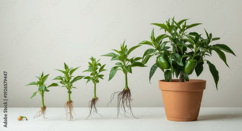 Fototapeta premium Pepper plant development stages demonstrated clearly from initial seed to mature potted specimen
