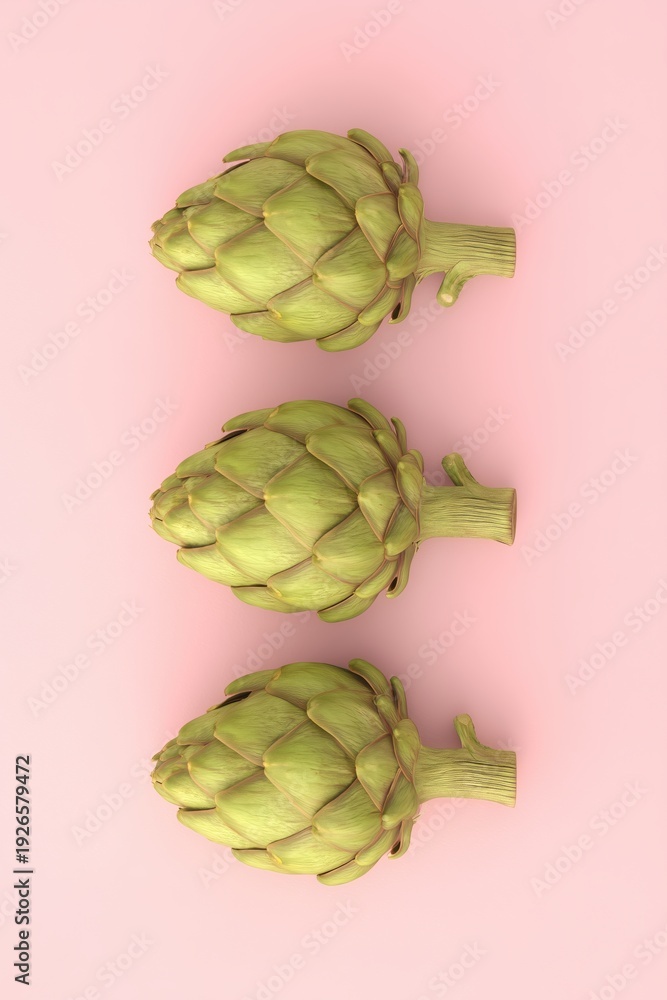 Obraz premium Fresh and vibrant artichokes arranged beautifully on a soft pink background for a stunning visual delight