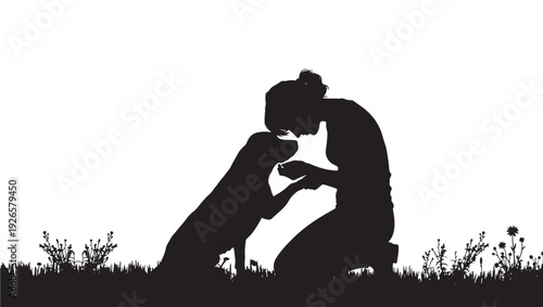 Man kneeling with dog silhouette touching paws in grass, tender friendship moment, black cutout style on white background with copy space for concept design