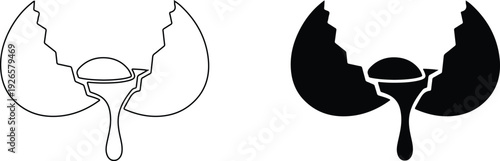 Two black and white icons of broken egg shells with oozing yolk side by side