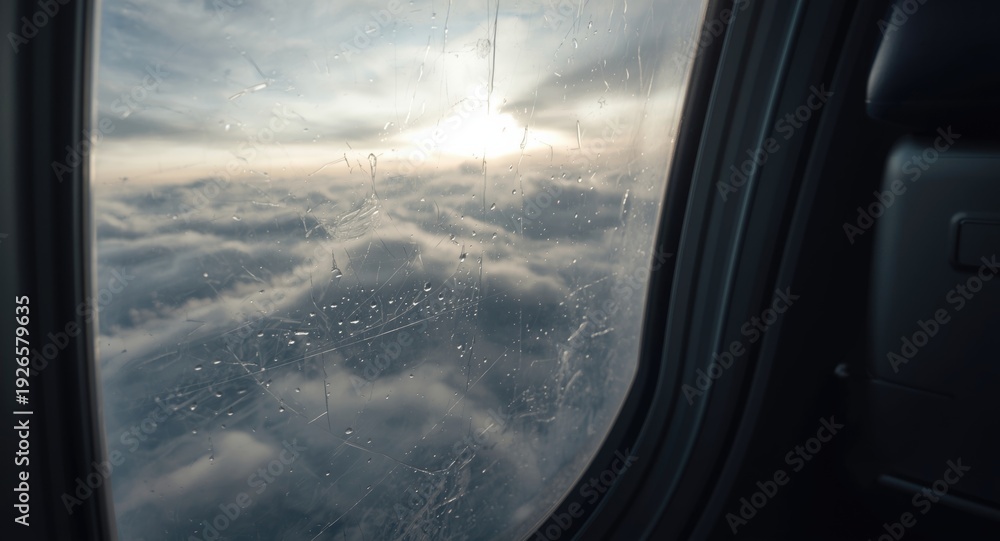 Fototapeta premium Midair view of thick cloud coverage through airplane glass window