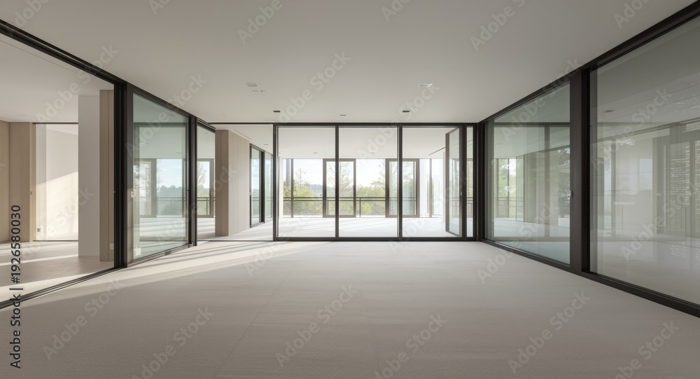 Fototapeta premium Modern architectural design showcasing expansive windows in a vacant living space