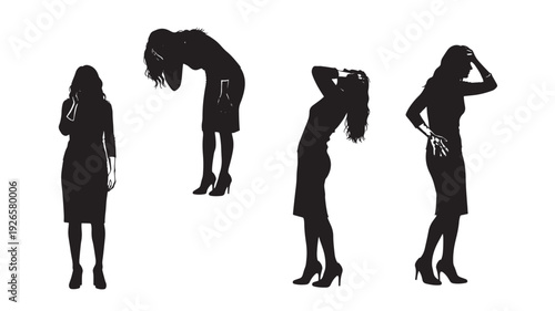 Women silhouette set with various poses and gestures of stress featuring woman, female, anxiety with frustration and pose elements for gesture, body language projects, clean composition on simple