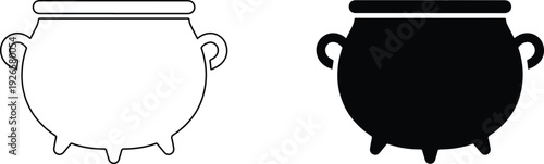 Two cauldrons with handles and lids one black and one outlined on white background