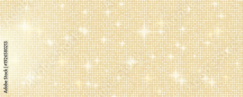 Disco glitter sequin with light yellow beige background texture for glamour. Tile pattern disco ball with ivory retro mosaic for fashion or beauty bright effect. Vector sequin beige bokeh background.