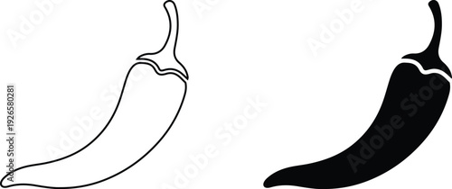 Two chili peppers one in outline and one in solid black on a white background