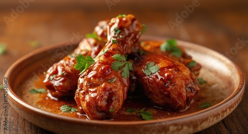Spicy mango chili glazed chicken wings and drumsticks garnished with fresh coriander on rustic ceramic plate