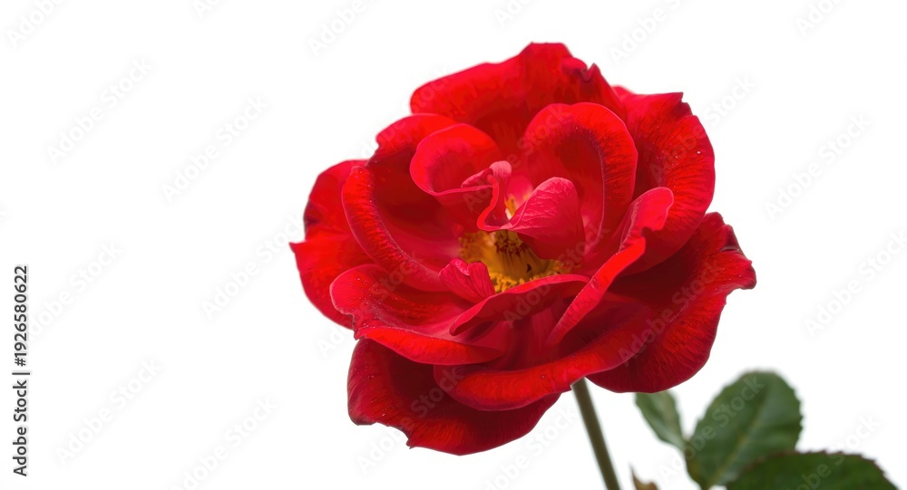 Fototapeta premium Fresh crimson rose flower focused on a bright white backdrop with soft diffuse illumination