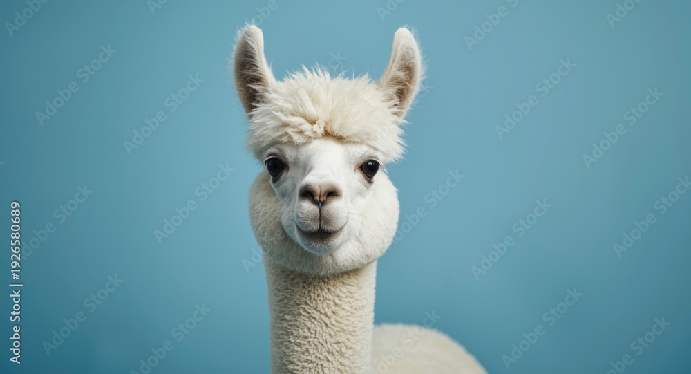 Fototapeta premium Inquisitive white alpaca posed on a smooth bright blue background