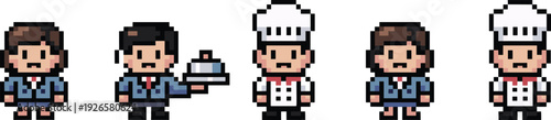 Pixel art restaurant staff characters set featuring waitress, waiter, chef, server, tray service, retro 8 bit style
