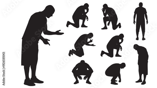 People silhouettes set with various postures and gestures, black on white featuring human, figures, poses with body language and emotions elements for expressions, movement projects, clean