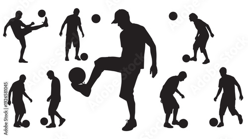 Soccer players silhouettes set with various actions and ball positions featuring football, athletes, sports with people and action elements for movement, kicking projects, clean composition on simple