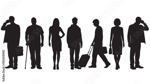 People business traveler silhouettes group with men and women standing and walking, carrying suitcase, briefcase and cane, isolated black figures on white background
