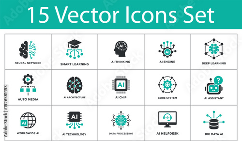 Artificial Intelligence solid icons set. Neural network, smart learning, AI thinking, deep learning, auto media, AI chip. Machine learning solid icons collection