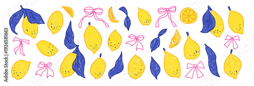 Hand-drawn girly lemons and bow. Coquette whimsical citrus fruit set with Italian Amalfi coast vibes. Girly ribbons and fresh fruits. Vector lemon scribble pencil isolated no bg. Foods collection.
