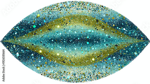 An abstract, eye-shaped artwork, vibrant with various shades of blue, green, and gold