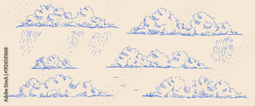 Hand-drawn clouds with rain and birds. Sky weathers sketch with vintage pen lines, retro hatching. Windy sky pencil drawing. Vector illustration perfect for nature-themed graphic. Cloudy set isolated.