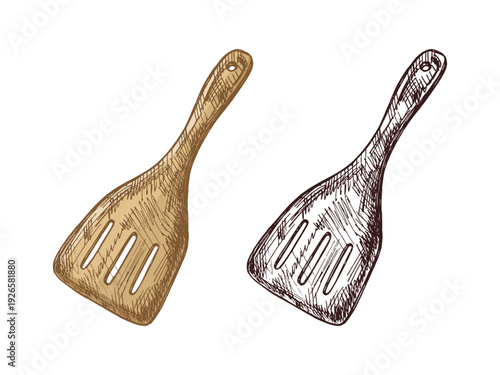 Hand drawn vintage sketch set of wooden slotted spatula in color and monochrome versions
