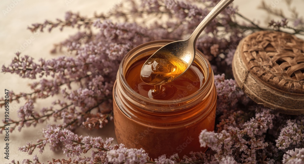Fototapeta premium Spoon dipped in honey from a jar surrounded by delicate heather flowers