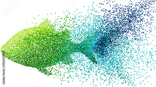 A fish illustration formed from colorful dots, transitioning from green to blue on white background